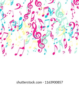 Falling Musical Notes. Trendy Background with Notes, Bass and Treble Clefs. Vector Element for Musical Poster, Banner, Advertising, Card. Minimalistic Simple Background.