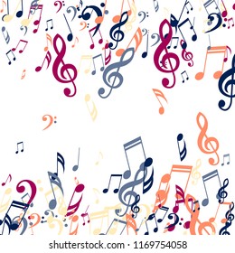 Falling Musical Notes. Trendy Background with Notes, Bass and Treble Clefs. Vector Element for Musical Poster, Banner, Advertising, Card. Minimalistic Simple Background.