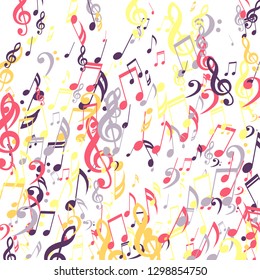 Falling Musical Notes. Trendy Background with Notes, Bass and Treble Clefs. Vector Element for Musical Poster, Banner, Advertising, Card. Minimalistic Simple Background.