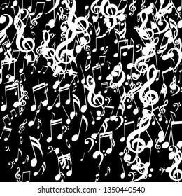 Falling Musical Notes. Trendy Background with Notes, Bass and Treble Clefs. Vector Element for Musical Poster, Banner, Advertising, Card. Minimalistic Simple Background.