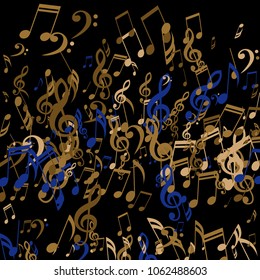 Falling Musical Signs. Abstract Background with Notes, Bass and Treble Clefs. Vector Element for Musical Poster, Banner, Advertising, Card. Minimalistic Simple Background.