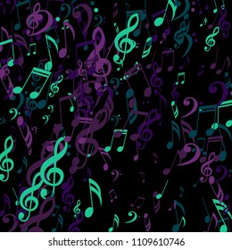 Falling Musical Signs. Abstract Background with Notes, Bass and Treble Clefs. Vector Element for Musical Poster, Banner, Advertising, Card. Minimalistic Simple Background.