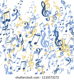 Falling Musical Signs. Abstract Background with Notes, Bass and Treble Clefs. Vector Element for Musical Poster, Banner, Advertising, Card. Minimalistic Simple Background.