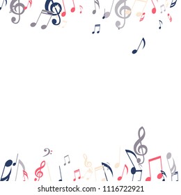 Falling Musical Signs. Abstract Background with Notes, Bass and Treble Clefs. Vector Element for Musical Poster, Banner, Advertising, Card. Minimalistic Simple Background.