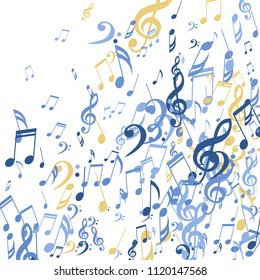 Falling Musical Signs. Abstract Background with Notes, Bass and Treble Clefs. Vector Element for Musical Poster, Banner, Advertising, Card. Minimalistic Simple Background.