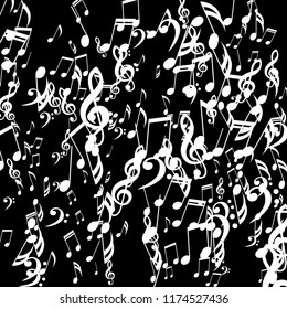 Falling Musical Signs. Abstract Background with Notes, Bass and Treble Clefs. Vector Element for Musical Poster, Banner, Advertising, Card. Minimalistic Simple Background.