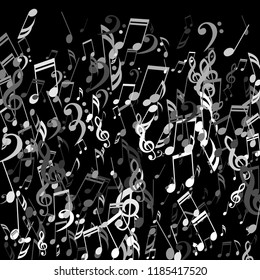 Falling Musical Signs. Abstract Background with Notes, Bass and Treble Clefs. Vector Element for Musical Poster, Banner, Advertising, Card. Minimalistic Simple Background.