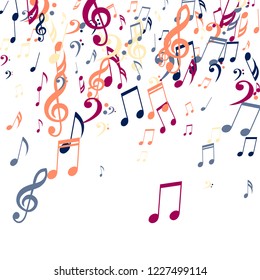 Falling Musical Signs. Abstract Background with Notes, Bass and Treble Clefs. Vector Element for Musical Poster, Banner, Advertising, Card. Minimalistic Simple Background.