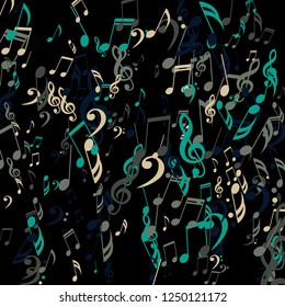 Falling Musical Signs. Abstract Background with Notes, Bass and Treble Clefs. Vector Element for Musical Poster, Banner, Advertising, Card. Minimalistic Simple Background.