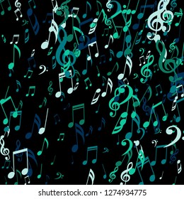 Falling Musical Signs. Abstract Background with Notes, Bass and Treble Clefs. Vector Element for Musical Poster, Banner, Advertising, Card. Minimalistic Simple Background.