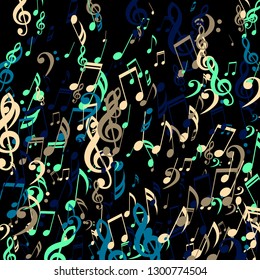 Falling Musical Signs. Abstract Background with Notes, Bass and Treble Clefs. Vector Element for Musical Poster, Banner, Advertising, Card. Minimalistic Simple Background.