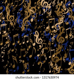 Falling Musical Signs. Abstract Background with Notes, Bass and Treble Clefs. Vector Element for Musical Poster, Banner, Advertising, Card. Minimalistic Simple Background.