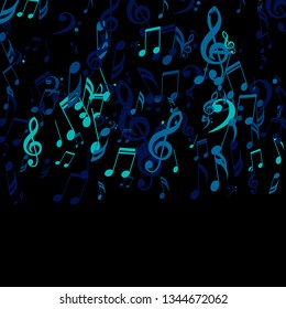 Falling Musical Signs. Abstract Background with Notes, Bass and Treble Clefs. Vector Element for Musical Poster, Banner, Advertising, Card. Minimalistic Simple Background.