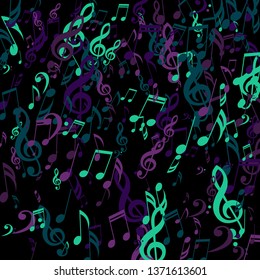 Falling Musical Signs. Abstract Background with Notes, Bass and Treble Clefs. Vector Element for Musical Poster, Banner, Advertising, Card. Minimalistic Simple Background.