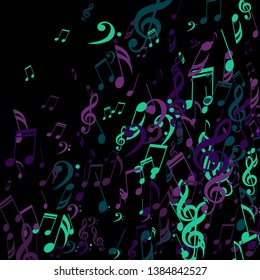 Falling Musical Signs. Abstract Background with Notes, Bass and Treble Clefs. Vector Element for Musical Poster, Banner, Advertising, Card. Minimalistic Simple Background.