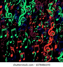 Falling Musical Signs. Creative Background with Notes, Bass and Treble Clefs. Vector Element for Musical Poster, Banner, Advertising, Card. Minimalistic Simple Background.