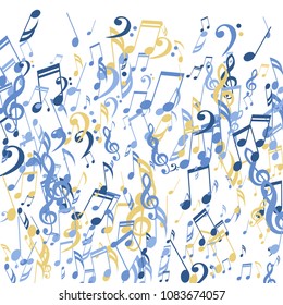 Falling Musical Signs. Creative Background with Notes, Bass and Treble Clefs. Vector Element for Musical Poster, Banner, Advertising, Card. Minimalistic Simple Background.