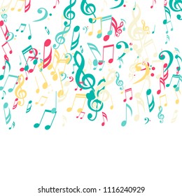 Falling Musical Signs. Creative Background with Notes, Bass and Treble Clefs. Vector Element for Musical Poster, Banner, Advertising, Card. Minimalistic Simple Background.