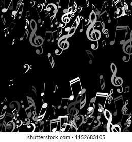 Falling Musical Signs. Creative Background with Notes, Bass and Treble Clefs. Vector Element for Musical Poster, Banner, Advertising, Card. Minimalistic Simple Background.