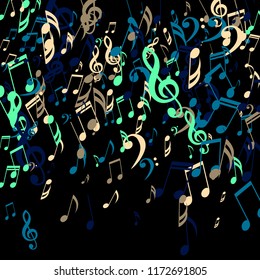 Falling Musical Signs. Creative Background with Notes, Bass and Treble Clefs. Vector Element for Musical Poster, Banner, Advertising, Card. Minimalistic Simple Background.