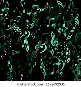 Falling Musical Signs. Creative Background with Notes, Bass and Treble Clefs. Vector Element for Musical Poster, Banner, Advertising, Card. Minimalistic Simple Background.