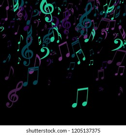 Falling Musical Signs. Creative Background with Notes, Bass and Treble Clefs. Vector Element for Musical Poster, Banner, Advertising, Card. Minimalistic Simple Background.