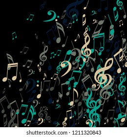 Falling Musical Signs. Creative Background with Notes, Bass and Treble Clefs. Vector Element for Musical Poster, Banner, Advertising, Card. Minimalistic Simple Background.