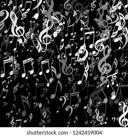 Falling Musical Signs. Creative Background with Notes, Bass and Treble Clefs. Vector Element for Musical Poster, Banner, Advertising, Card. Minimalistic Simple Background.