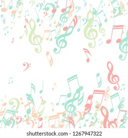 Falling Musical Signs. Creative Background with Notes, Bass and Treble Clefs. Vector Element for Musical Poster, Banner, Advertising, Card. Minimalistic Simple Background.