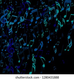 Falling Musical Signs. Creative Background with Notes, Bass and Treble Clefs. Vector Element for Musical Poster, Banner, Advertising, Card. Minimalistic Simple Background.