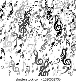 Falling Musical Signs. Creative Background with Notes, Bass and Treble Clefs. Vector Element for Musical Poster, Banner, Advertising, Card. Minimalistic Simple Background.