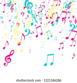 Falling Musical Signs. Creative Background with Notes, Bass and Treble Clefs. Vector Element for Musical Poster, Banner, Advertising, Card. Minimalistic Simple Background.