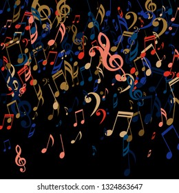 Falling Musical Signs. Creative Background with Notes, Bass and Treble Clefs. Vector Element for Musical Poster, Banner, Advertising, Card. Minimalistic Simple Background.