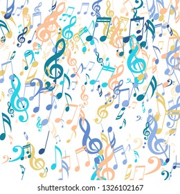 Falling Musical Signs. Creative Background with Notes, Bass and Treble Clefs. Vector Element for Musical Poster, Banner, Advertising, Card. Minimalistic Simple Background.