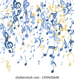 Falling Musical Signs. Creative Background with Notes, Bass and Treble Clefs. Vector Element for Musical Poster, Banner, Advertising, Card. Minimalistic Simple Background.