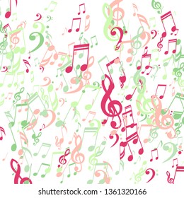 Falling Musical Signs. Creative Background with Notes, Bass and Treble Clefs. Vector Element for Musical Poster, Banner, Advertising, Card. Minimalistic Simple Background.