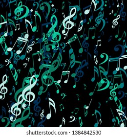 Falling Musical Signs. Creative Background with Notes, Bass and Treble Clefs. Vector Element for Musical Poster, Banner, Advertising, Card. Minimalistic Simple Background.