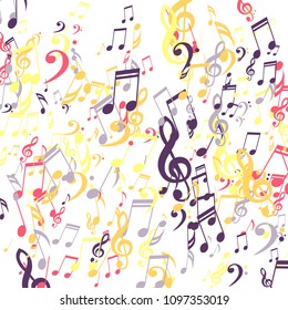 Falling Musical Signs. Modern Background with Notes, Bass and Treble Clefs. Vector Element for Musical Poster, Banner, Advertising, Card. Minimalistic Simple Background.