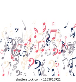 Falling Musical Signs. Modern Background with Notes, Bass and Treble Clefs. Vector Element for Musical Poster, Banner, Advertising, Card. Minimalistic Simple Background.