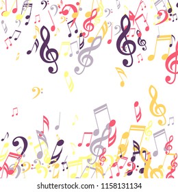 Falling Musical Signs. Modern Background with Notes, Bass and Treble Clefs. Vector Element for Musical Poster, Banner, Advertising, Card. Minimalistic Simple Background.