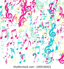 Falling Musical Signs. Modern Background with Notes, Bass and Treble Clefs. Vector Element for Musical Poster, Banner, Advertising, Card. Minimalistic Simple Background.