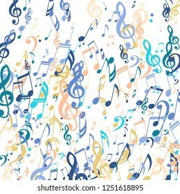 Falling Musical Signs. Modern Background with Notes, Bass and Treble Clefs. Vector Element for Musical Poster, Banner, Advertising, Card. Minimalistic Simple Background.
