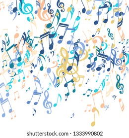 Falling Musical Signs. Modern Background with Notes, Bass and Treble Clefs. Vector Element for Musical Poster, Banner, Advertising, Card. Minimalistic Simple Background.