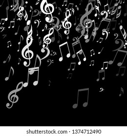 Falling Musical Signs. Modern Background with Notes, Bass and Treble Clefs. Vector Element for Musical Poster, Banner, Advertising, Card. Minimalistic Simple Background.