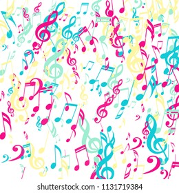 Falling Musical Signs. Trendy Background with Notes, Bass and Treble Clefs. Vector Element for Musical Poster, Banner, Advertising, Card. Minimalistic Simple Background.