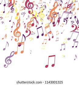 Falling Musical Signs. Trendy Background with Notes, Bass and Treble Clefs. Vector Element for Musical Poster, Banner, Advertising, Card. Minimalistic Simple Background.