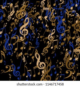 Falling Musical Signs. Trendy Background with Notes, Bass and Treble Clefs. Vector Element for Musical Poster, Banner, Advertising, Card. Minimalistic Simple Background.