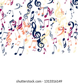 Falling Musical Signs. Trendy Background with Notes, Bass and Treble Clefs. Vector Element for Musical Poster, Banner, Advertising, Card. Minimalistic Simple Background.