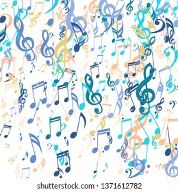 Falling Musical Signs. Trendy Background with Notes, Bass and Treble Clefs. Vector Element for Musical Poster, Banner, Advertising, Card. Minimalistic Simple Background.