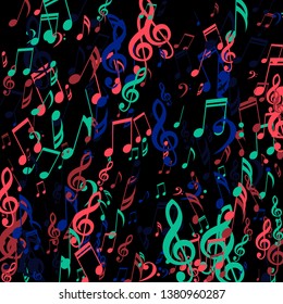 Falling Musical Signs. Trendy Background with Notes, Bass and Treble Clefs. Vector Element for Musical Poster, Banner, Advertising, Card. Minimalistic Simple Background.